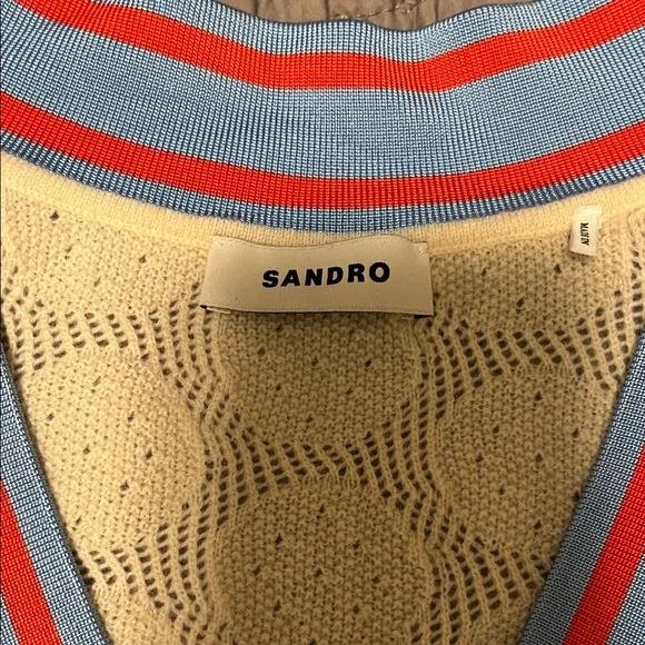 Sandro Cream V-Neck Sweater with Blue and Red Trim - Picture 2 of 3